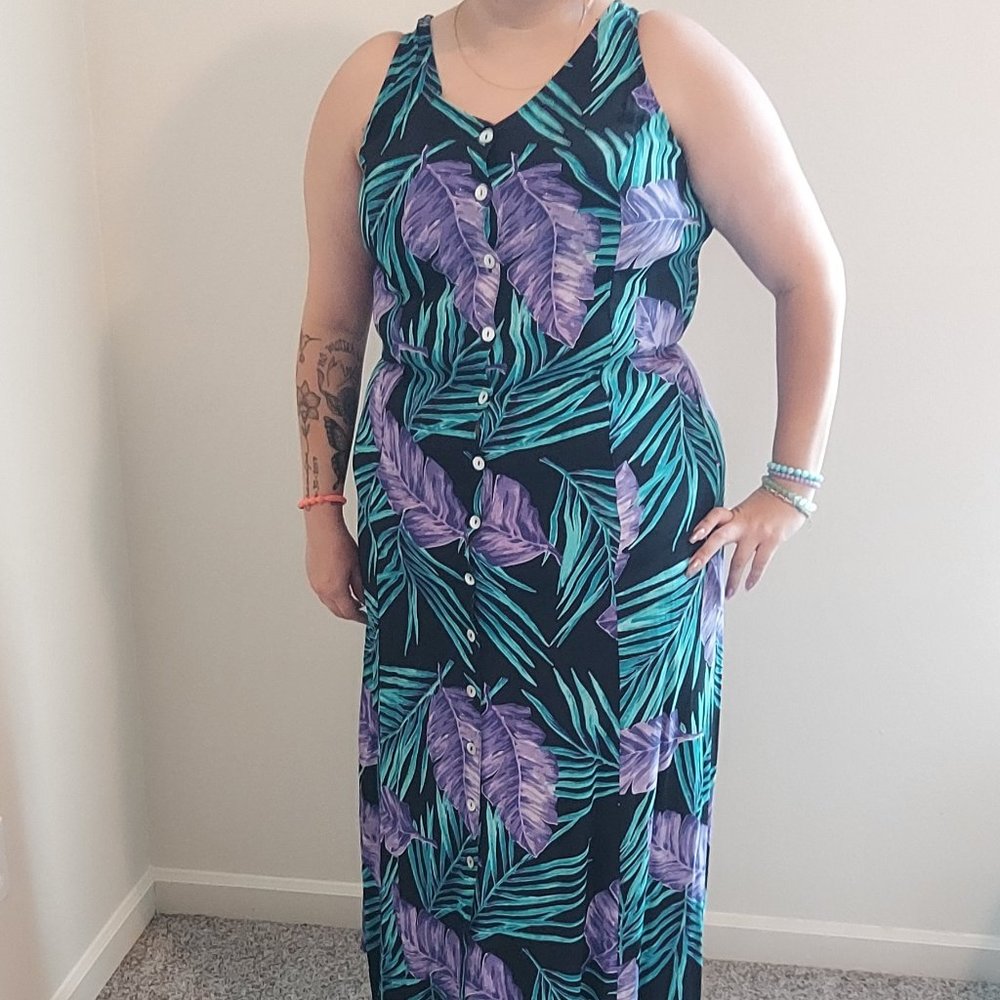 Plus Size Vintage Liz Baker Floral Button Down Sleeveless Shirt Maxi Dress
